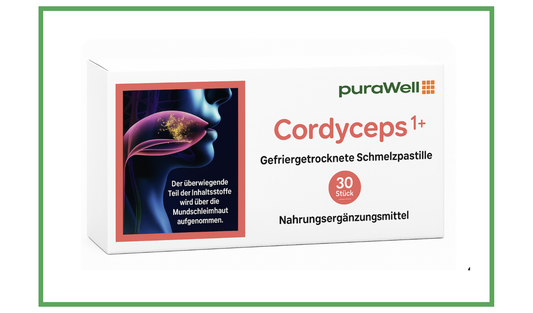 puraWell Cordyceps1+ mit Cordyceps-Extrakt und -Pulver als Schmelzpastille zum Einnehmen  (30 Stück)