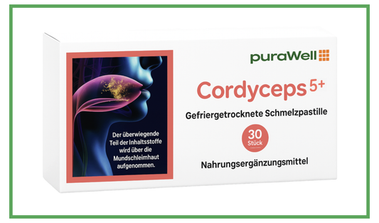 puraWell Cordyceps5+mit Cordyceps-Extrakt und -Pulver als Schmelzpastille zum Einnehmen ((30 Stück)