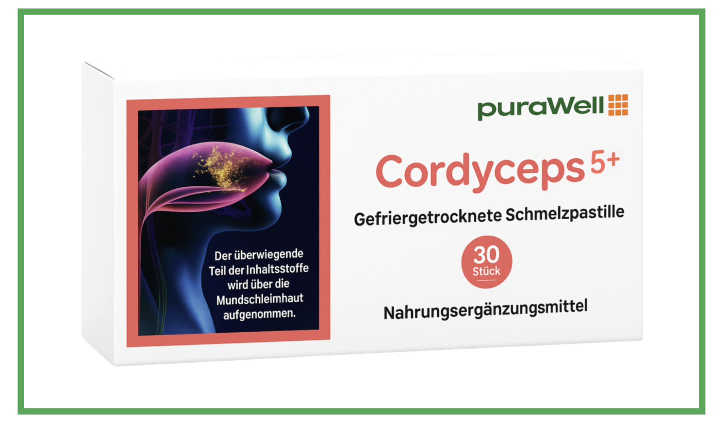 puraWell Cordyceps5+mit Cordyceps-Extrakt und -Pulver als Schmelzpastille zum Einnehmen ((30 Stück)