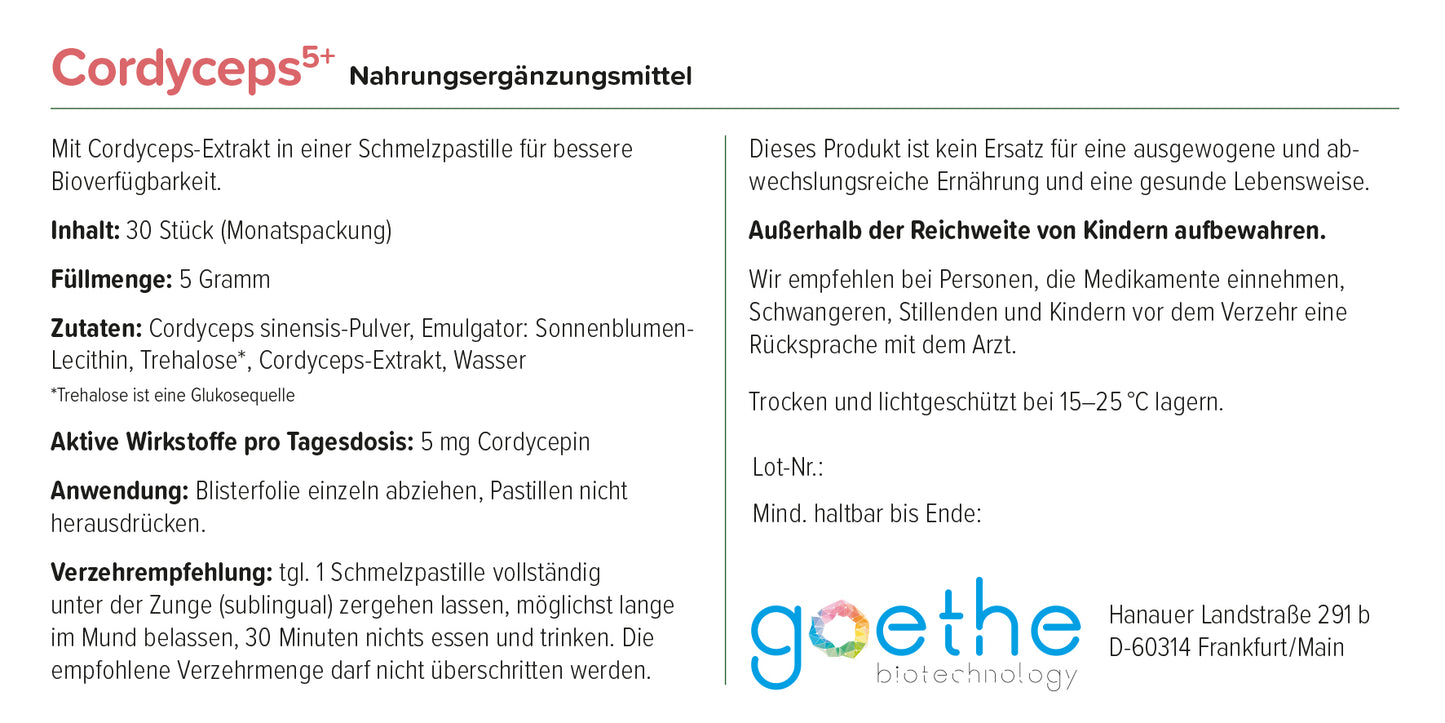 puraWell Cordyceps5+mit Cordyceps-Extrakt und -Pulver als Schmelzpastille zum Einnehmen ((30 Stück)